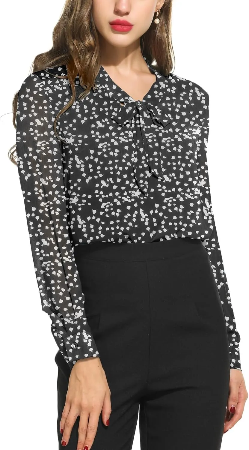 ACEVOG Chiffon Blouses for Women Dressy Bow Tie Neck Long Sleeve Work Shirt Formal Casual Wear