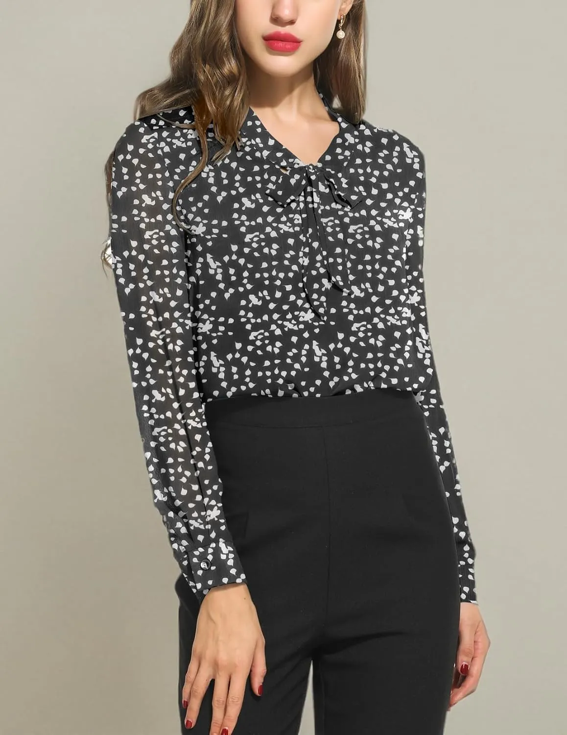 ACEVOG Chiffon Blouses for Women Dressy Bow Tie Neck Long Sleeve Work Shirt Formal Casual Wear