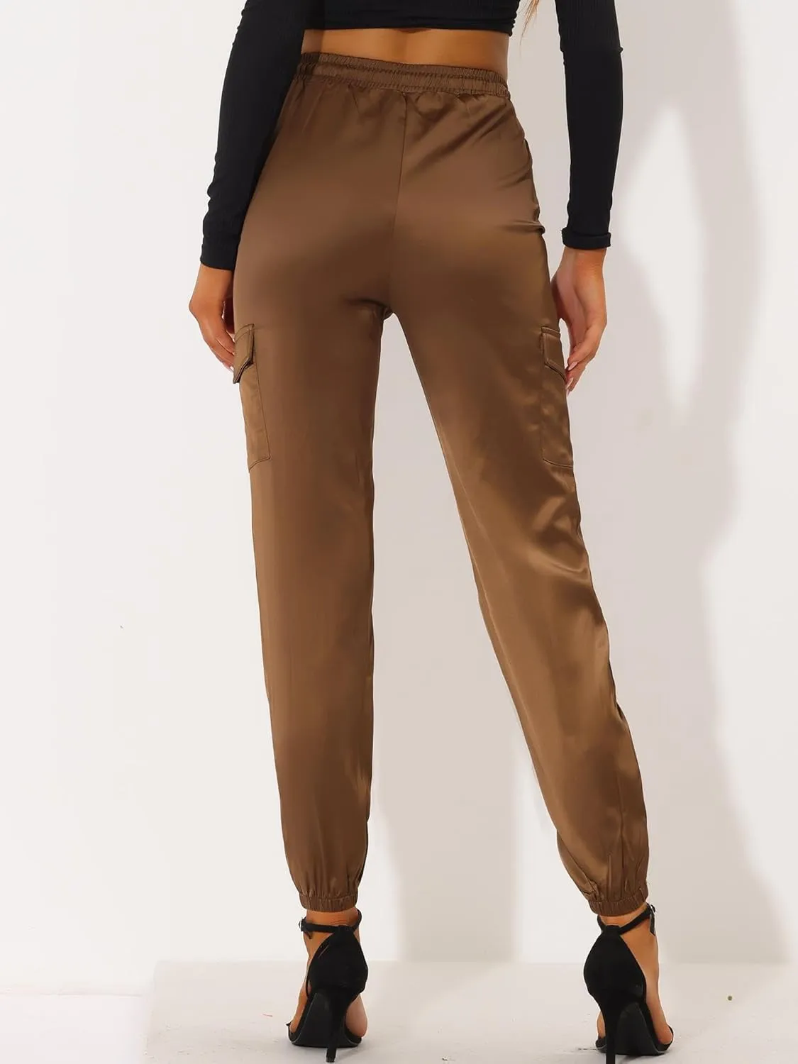 Allegra K Women's Satin Joggers Drawstring Elastic Athleisure Pants High Waist Shiny Silky Satin Cargo Pants