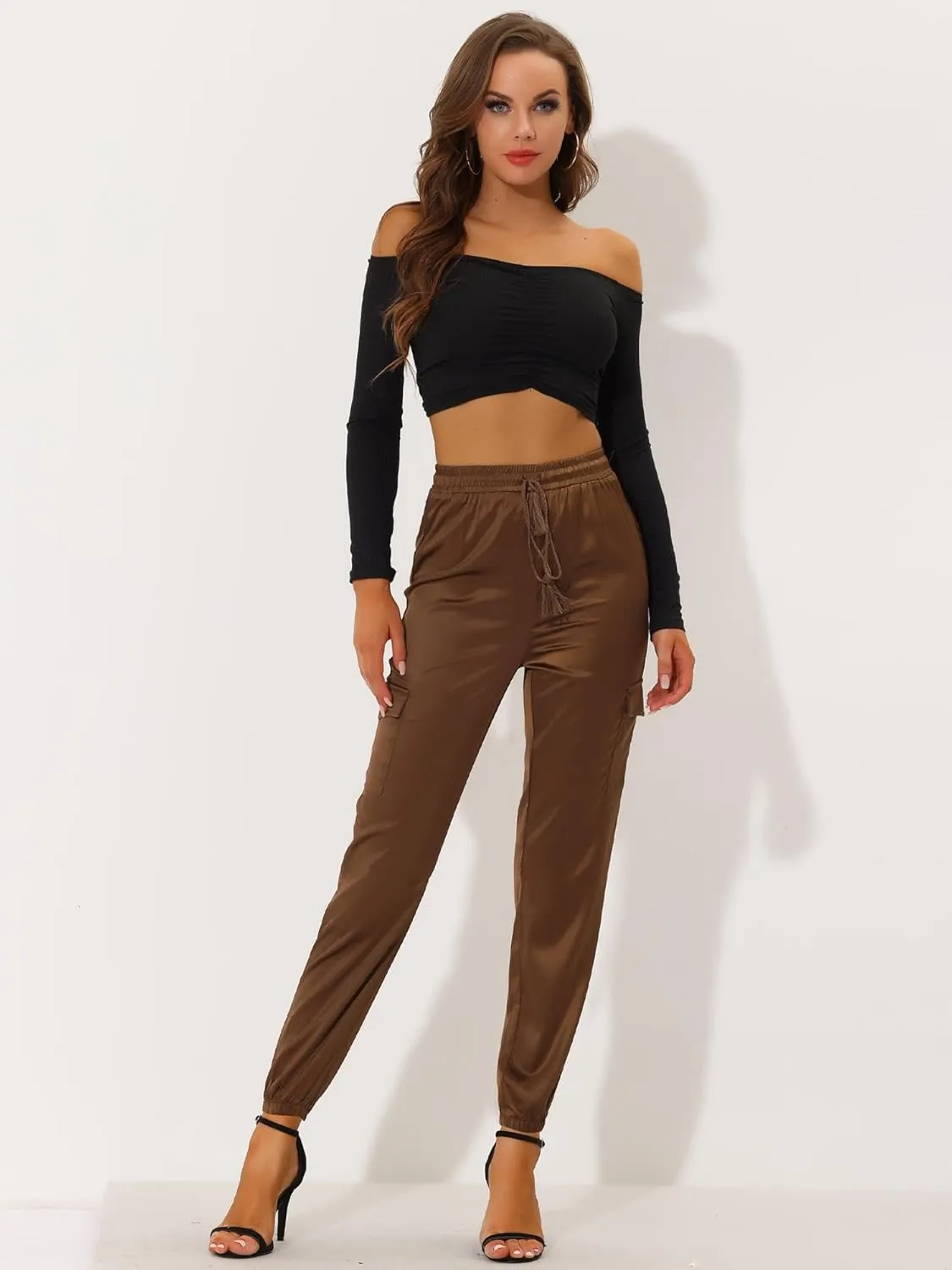 Allegra K Women's Satin Joggers Drawstring Elastic Athleisure Pants High Waist Shiny Silky Satin Cargo Pants