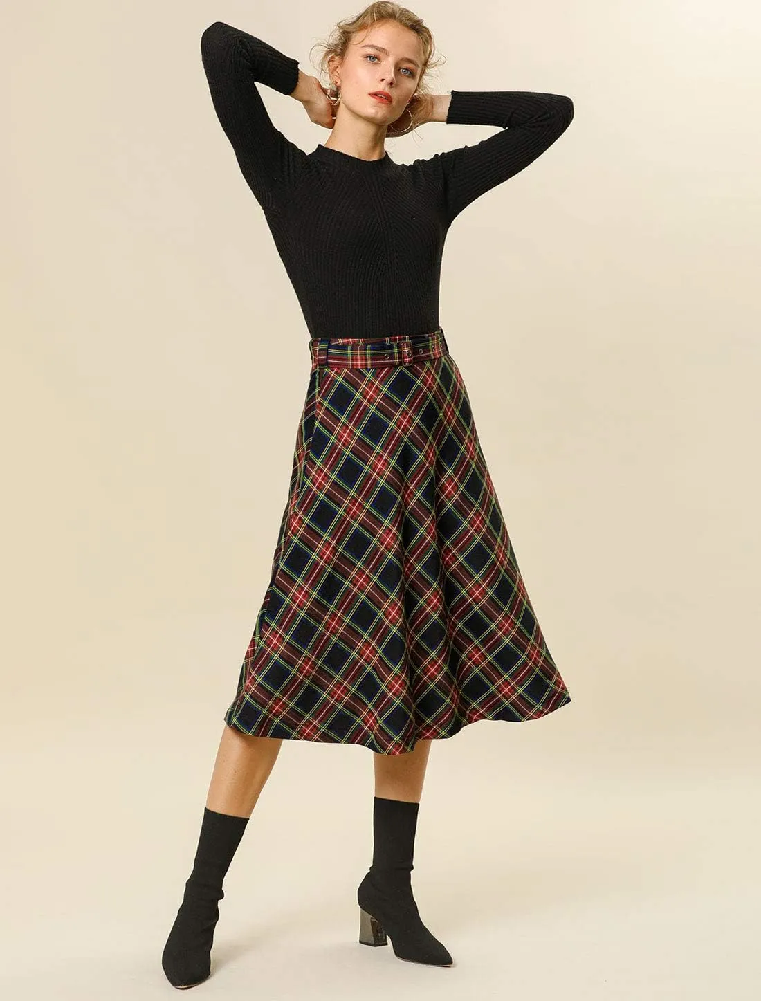Allegra K Women's Tartan Plaid High Waist Belted Vintage A-Line Midi Skirt