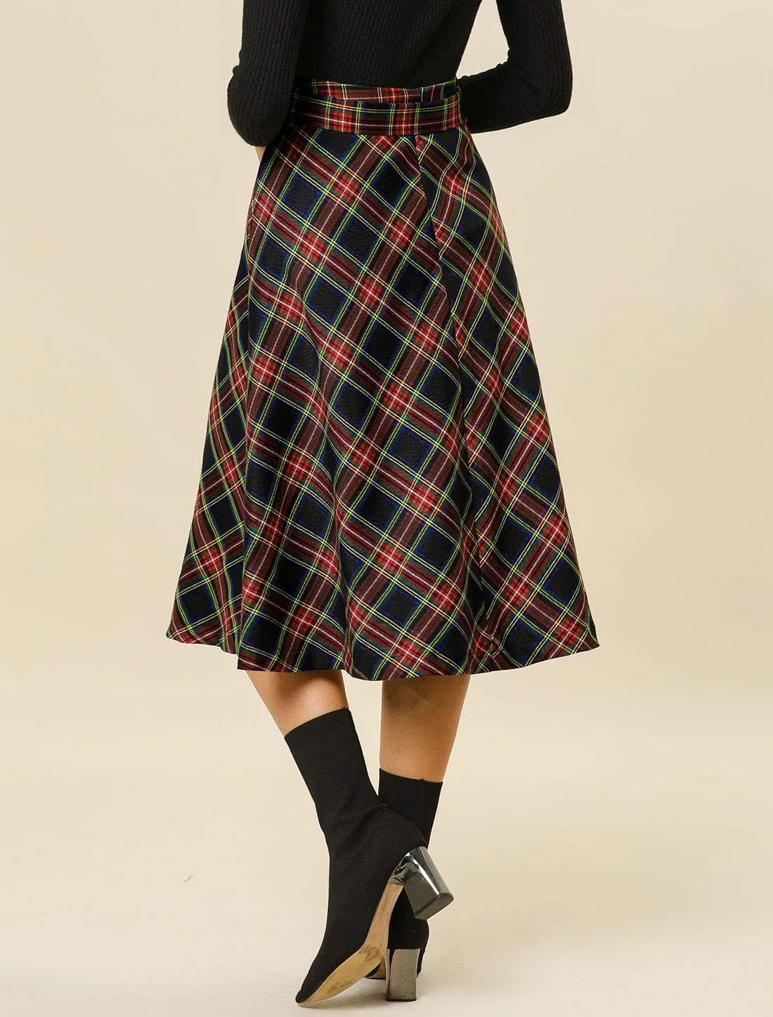 Allegra K Women's Tartan Plaid High Waist Belted Vintage A-Line Midi Skirt