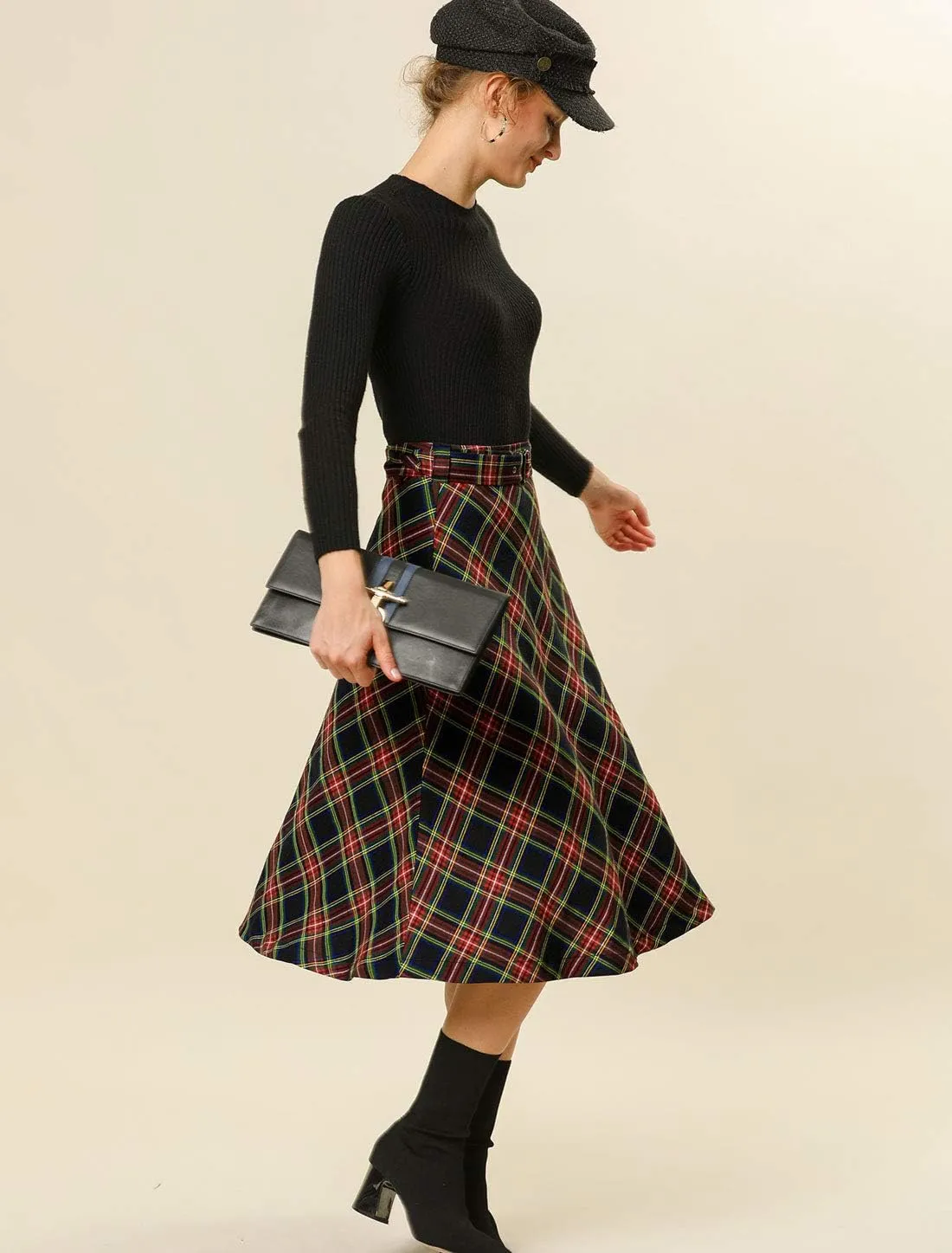 Allegra K Women's Tartan Plaid High Waist Belted Vintage A-Line Midi Skirt