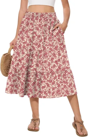 AYIFU Women's Summer Midi Skirt Tiered Flowy High Waist A-Line Elastic Ruffle Casual Skirts with Pockets