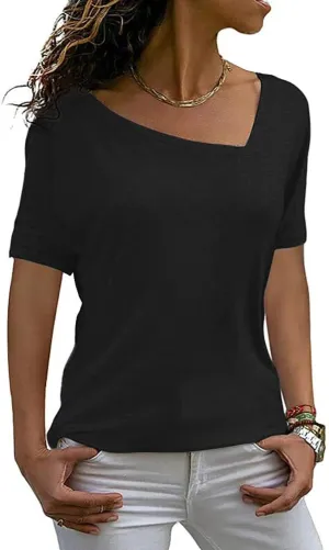 AYIFU Womens Summer Tops Short Sleeve Casual Shirts Asymmetric Neck Color Block Tunic
