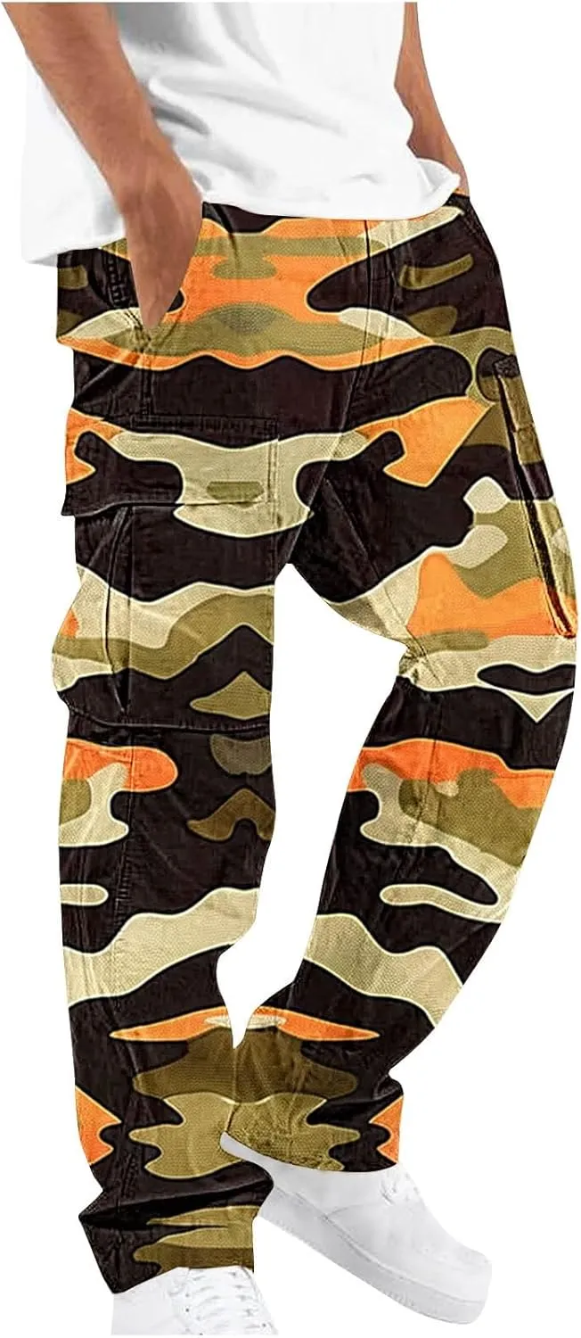Camo Pants for Mens Outdoor Training Sport Loose Breathable Cargo Trousers Elastic Waist Drawstring Straight Leg Pant