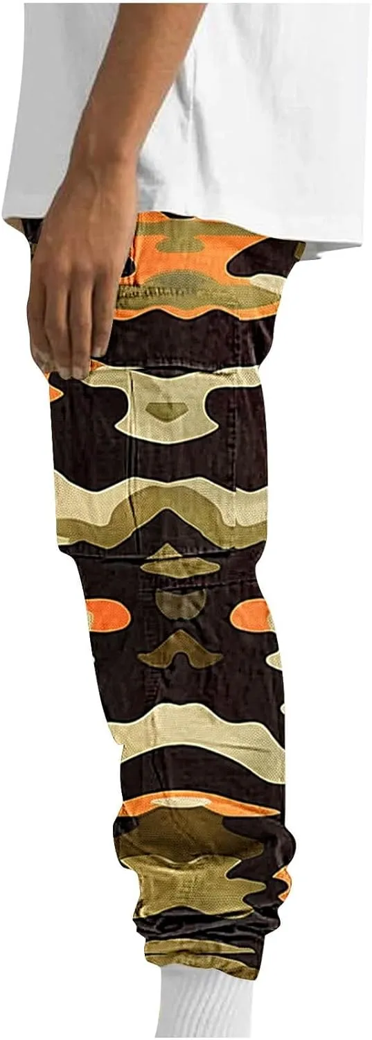 Camo Pants for Mens Outdoor Training Sport Loose Breathable Cargo Trousers Elastic Waist Drawstring Straight Leg Pant