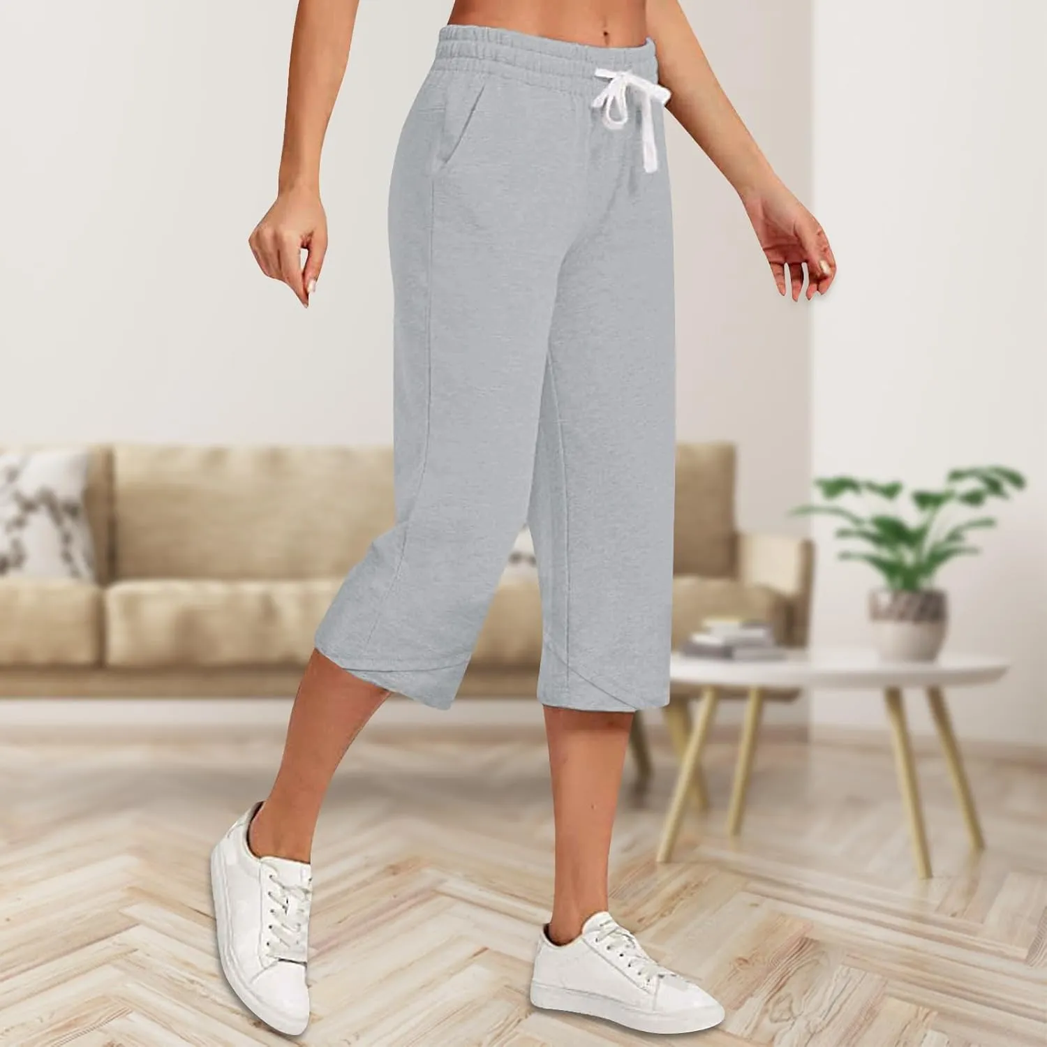 Capri Pants for Women Drawstring High Waisted Hiking Outdoor Camping Pants Active Joggers Sweatpants with Pockets