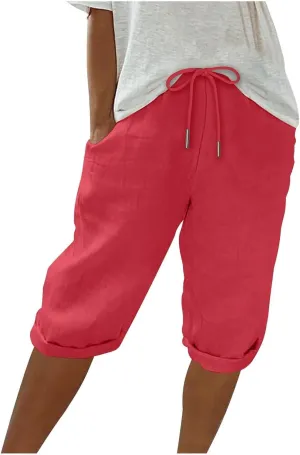 Capri Pants for Women High Waisted Casual Summer Yoga Pants Slacks for Women Linen Drawstring Shorts with Pockets