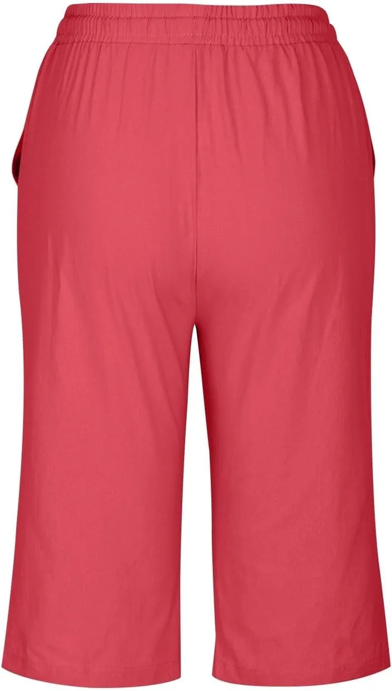 Capri Pants for Women High Waisted Casual Summer Yoga Pants Slacks for Women Linen Drawstring Shorts with Pockets