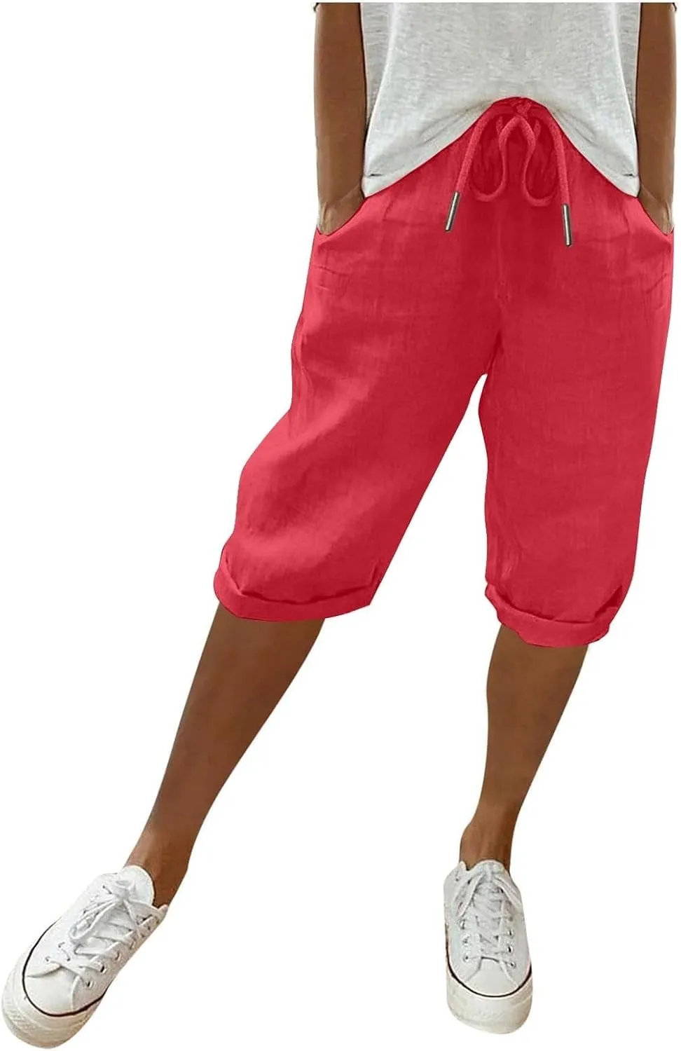 Capri Pants for Women High Waisted Casual Summer Yoga Pants Slacks for Women Linen Drawstring Shorts with Pockets