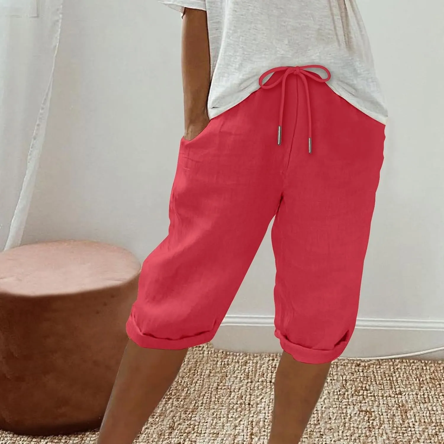 Capri Pants for Women High Waisted Casual Summer Yoga Pants Slacks for Women Linen Drawstring Shorts with Pockets