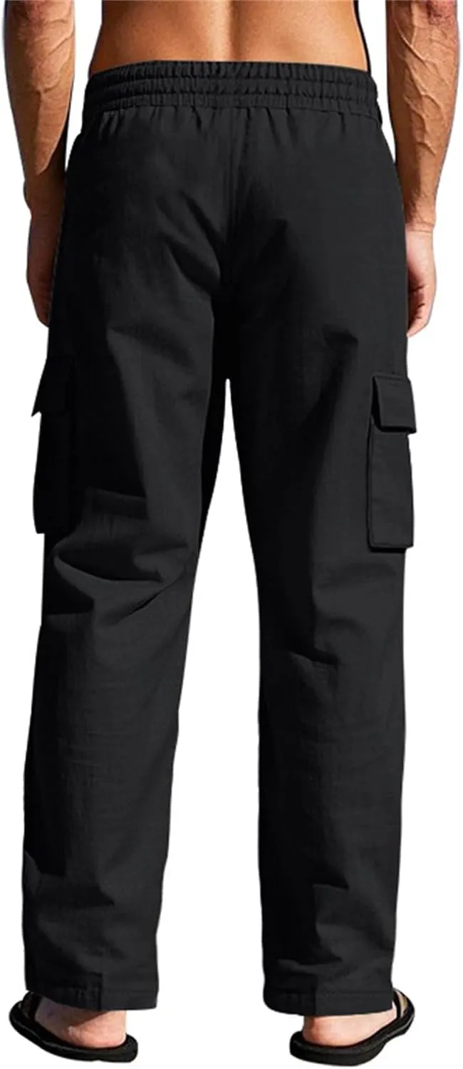 Cargo Linen Pants Men Drawstring Elastic Waist Baggy Summer Pants Lightweight Beach Yoga Lounge Pant with Pockets