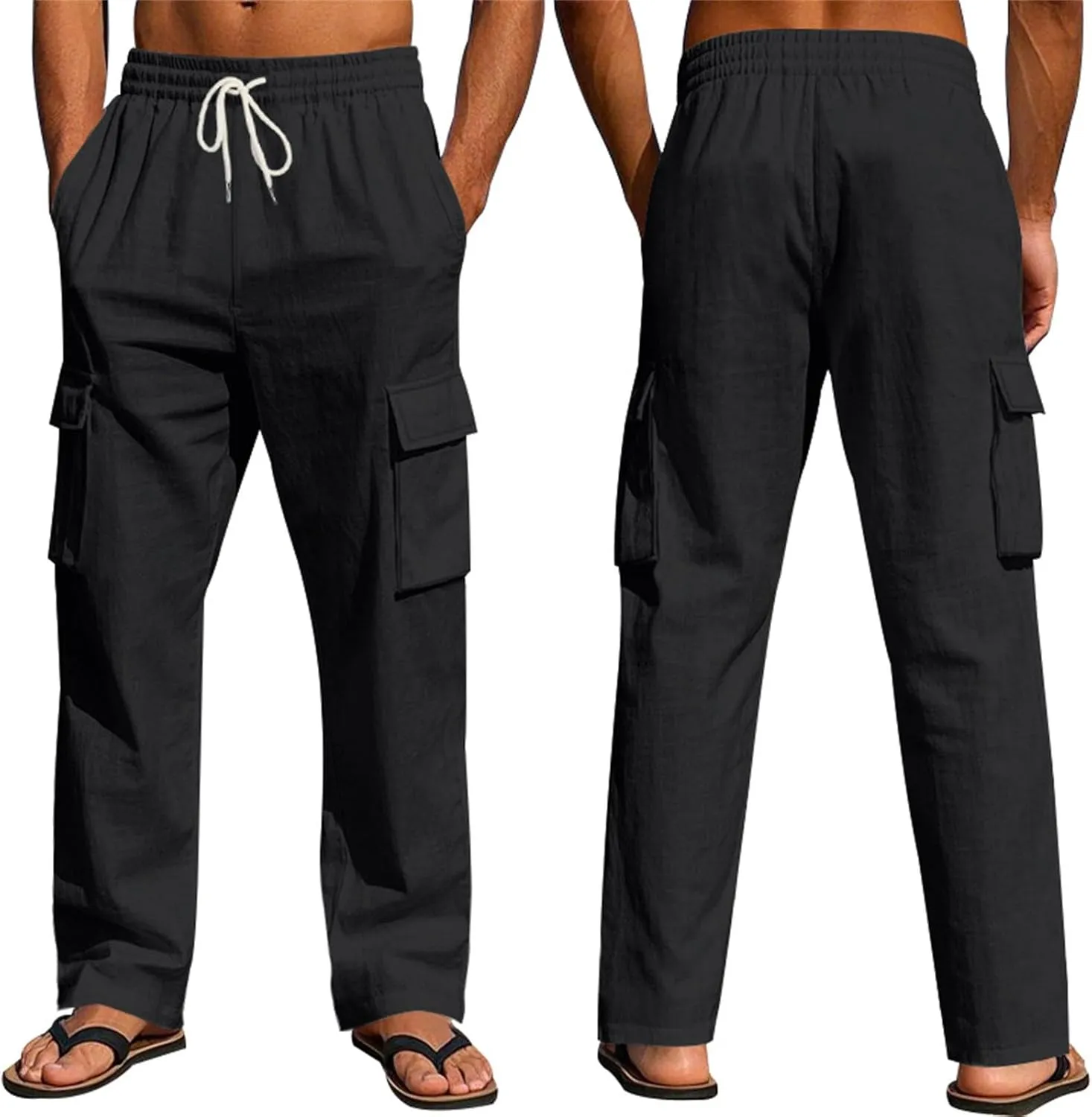 Cargo Linen Pants Men Drawstring Elastic Waist Baggy Summer Pants Lightweight Beach Yoga Lounge Pant with Pockets