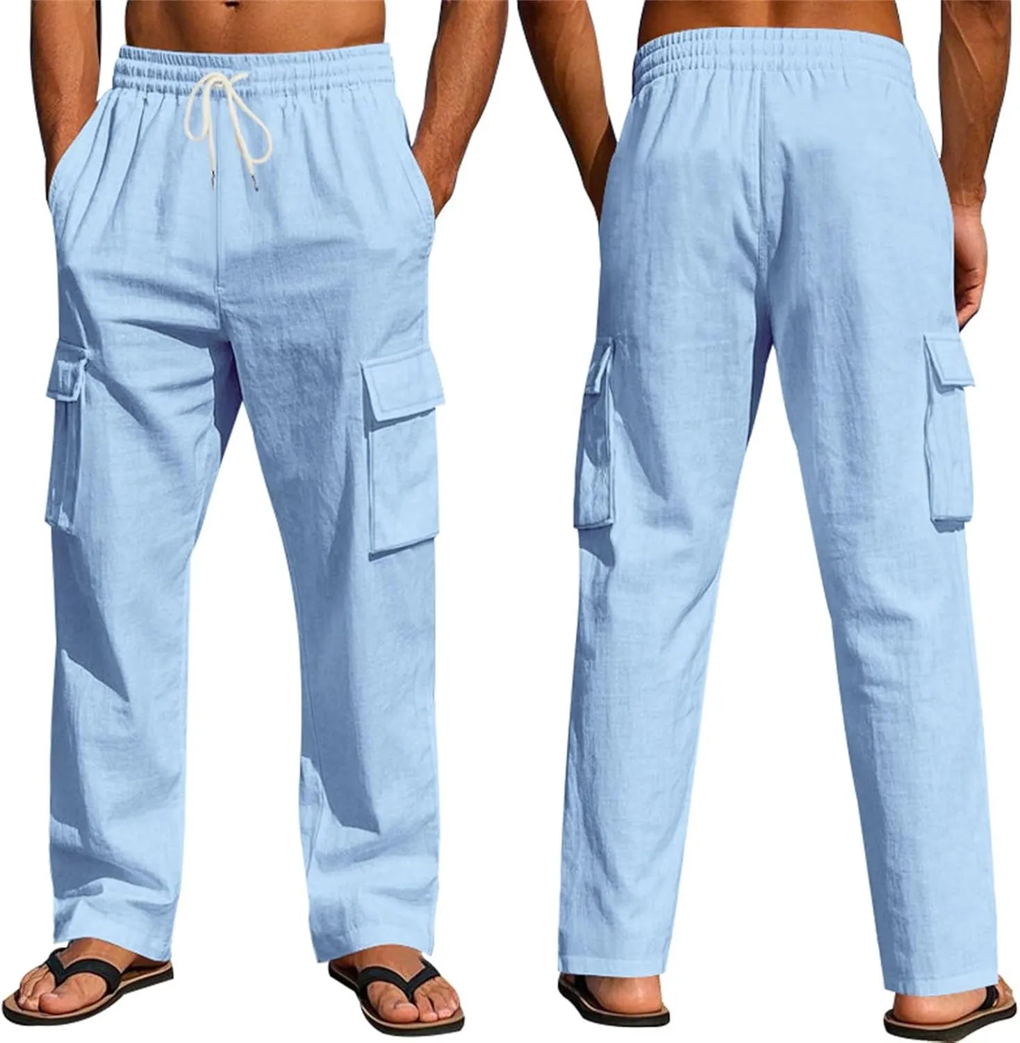 Cargo Linen Pants Men Drawstring Elastic Waist Baggy Summer Pants Lightweight Beach Yoga Lounge Pant with Pockets