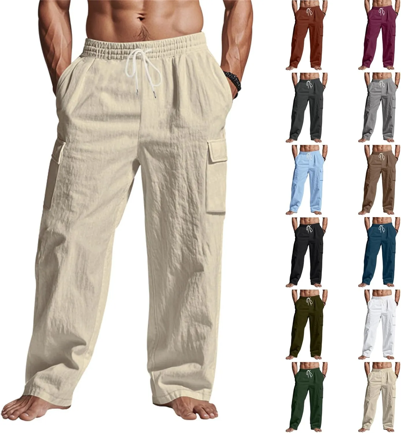 Cargo Linen Pants Men Drawstring Elastic Waist Baggy Summer Pants Lightweight Beach Yoga Lounge Pant with Pockets