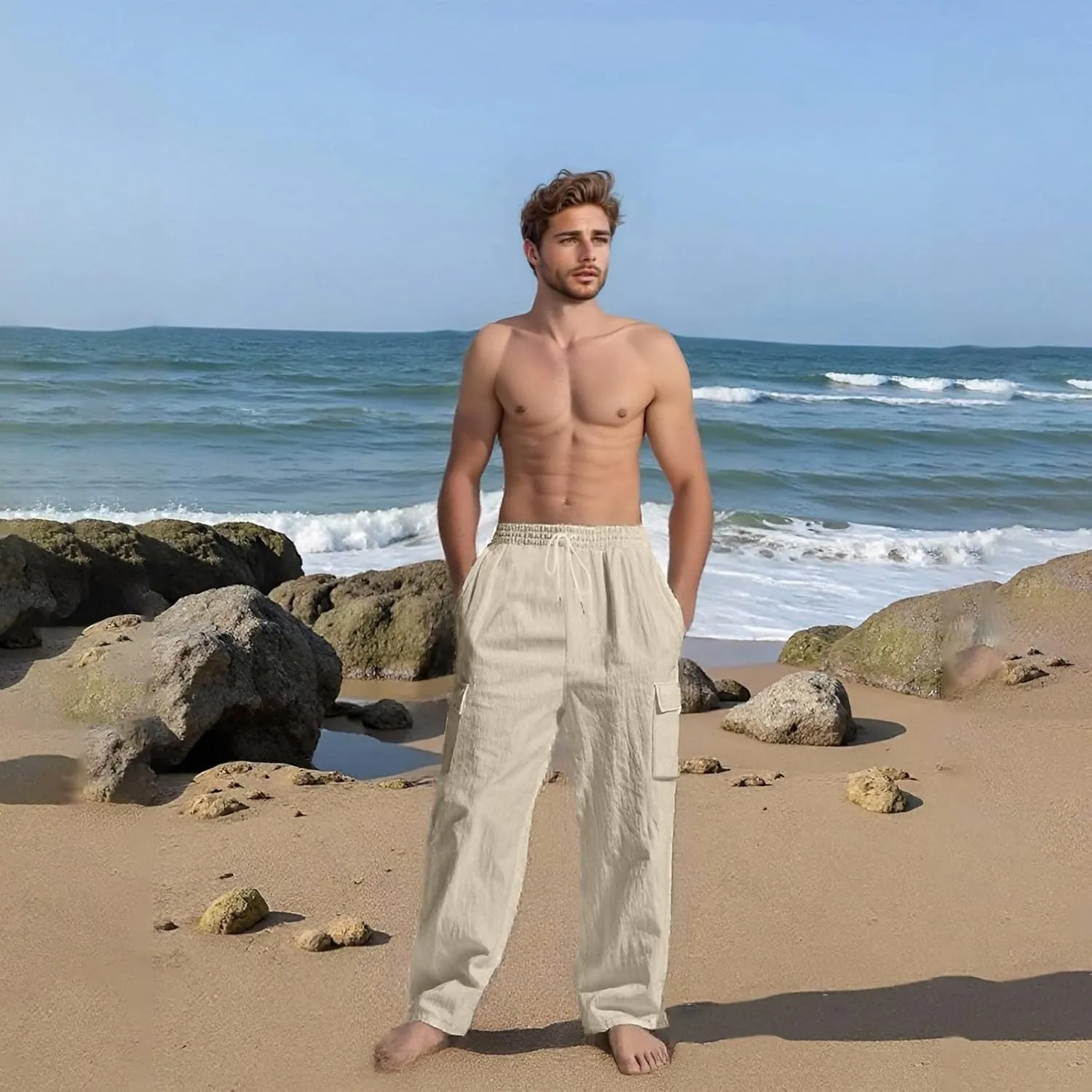 Cargo Linen Pants Men Drawstring Elastic Waist Baggy Summer Pants Lightweight Beach Yoga Lounge Pant with Pockets
