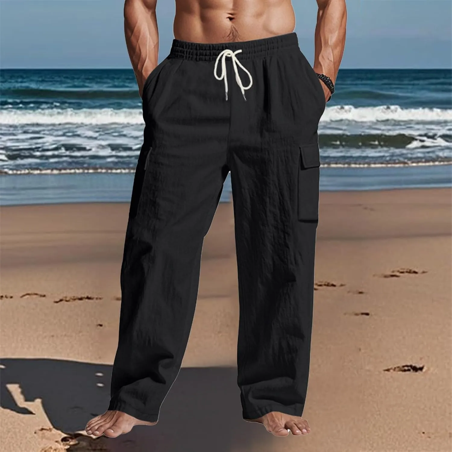 Cargo Linen Pants Men Drawstring Elastic Waist Baggy Summer Pants Lightweight Beach Yoga Lounge Pant with Pockets