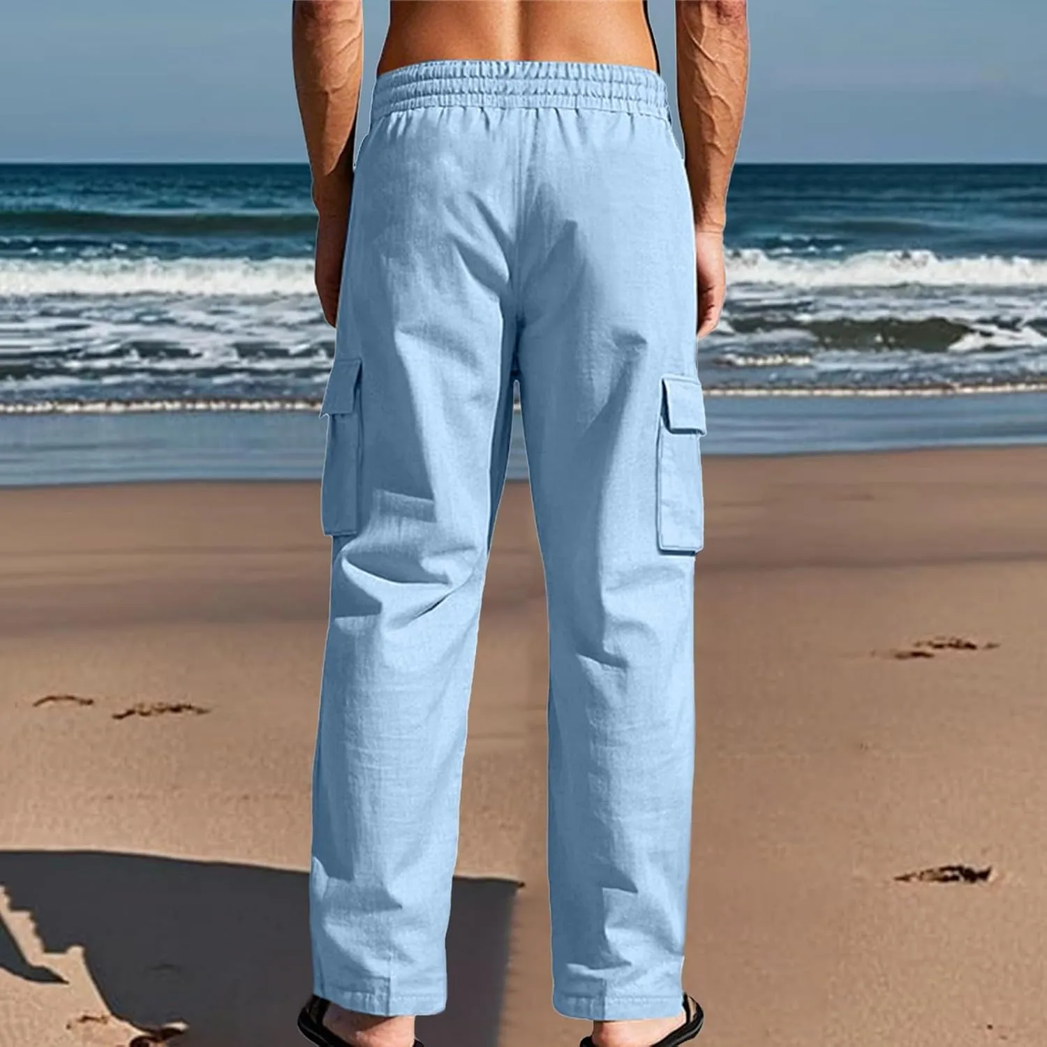 Cargo Linen Pants Men Drawstring Elastic Waist Baggy Summer Pants Lightweight Beach Yoga Lounge Pant with Pockets