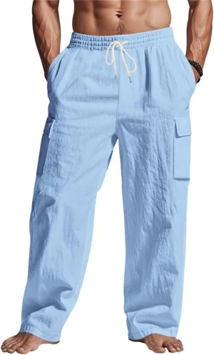 Cargo Linen Pants Men Drawstring Elastic Waist Baggy Summer Pants Lightweight Beach Yoga Lounge Pant with Pockets