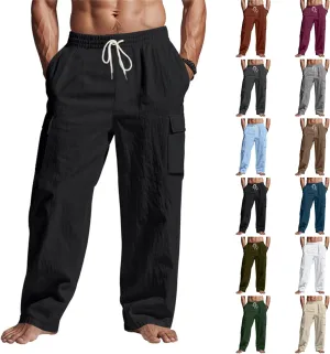 Cargo Linen Pants Men Drawstring Elastic Waist Baggy Summer Pants Lightweight Beach Yoga Lounge Pant with Pockets