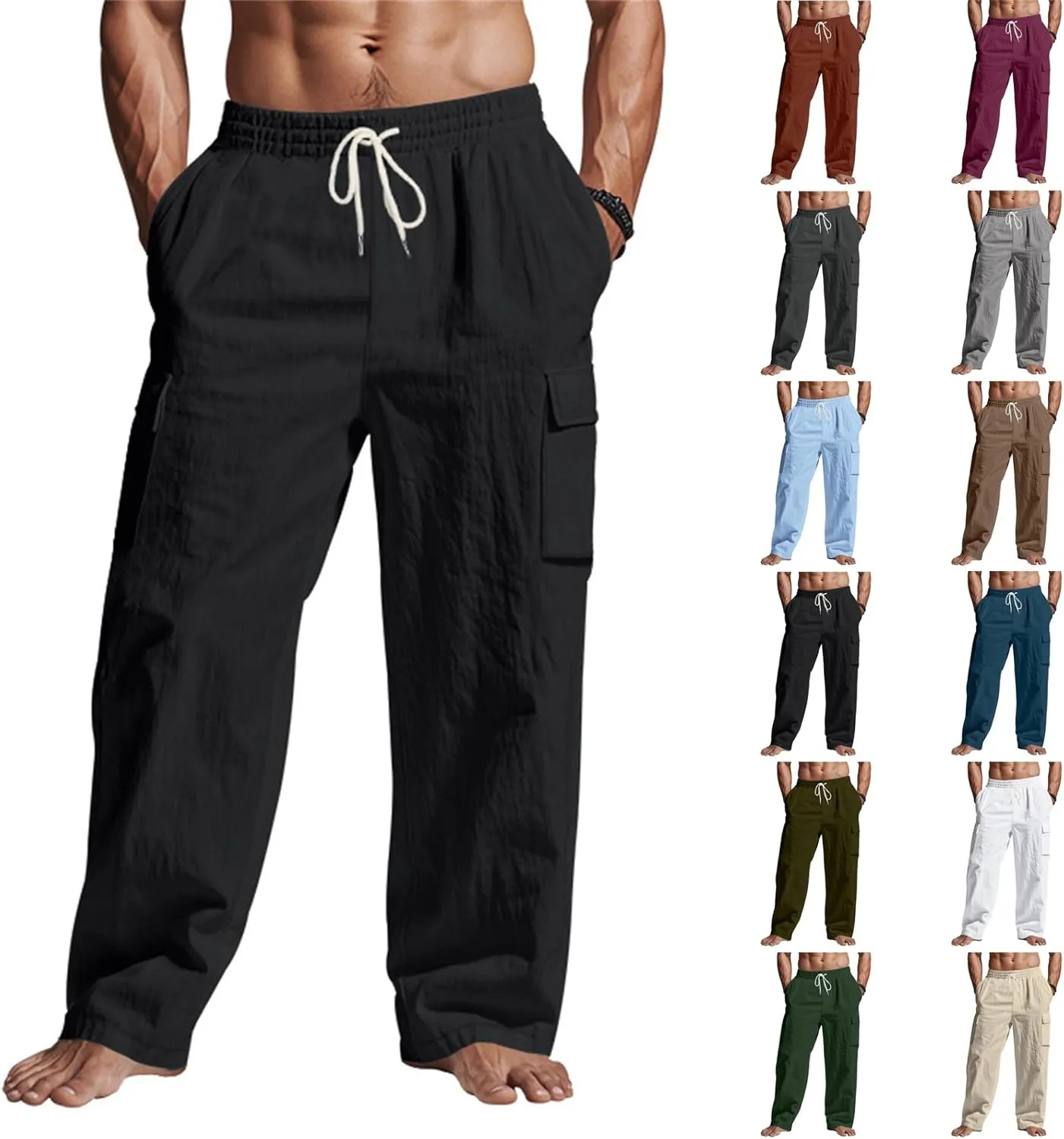 Cargo Linen Pants Men Drawstring Elastic Waist Baggy Summer Pants Lightweight Beach Yoga Lounge Pant with Pockets