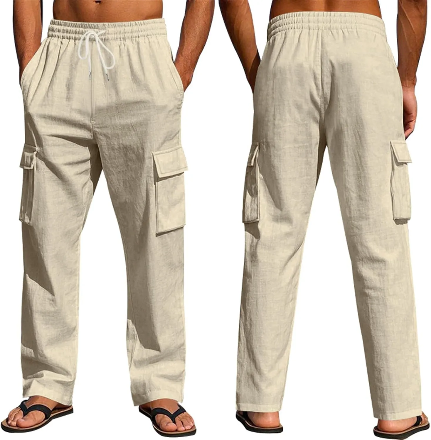 Cargo Linen Pants Men Drawstring Elastic Waist Baggy Summer Pants Lightweight Beach Yoga Lounge Pant with Pockets