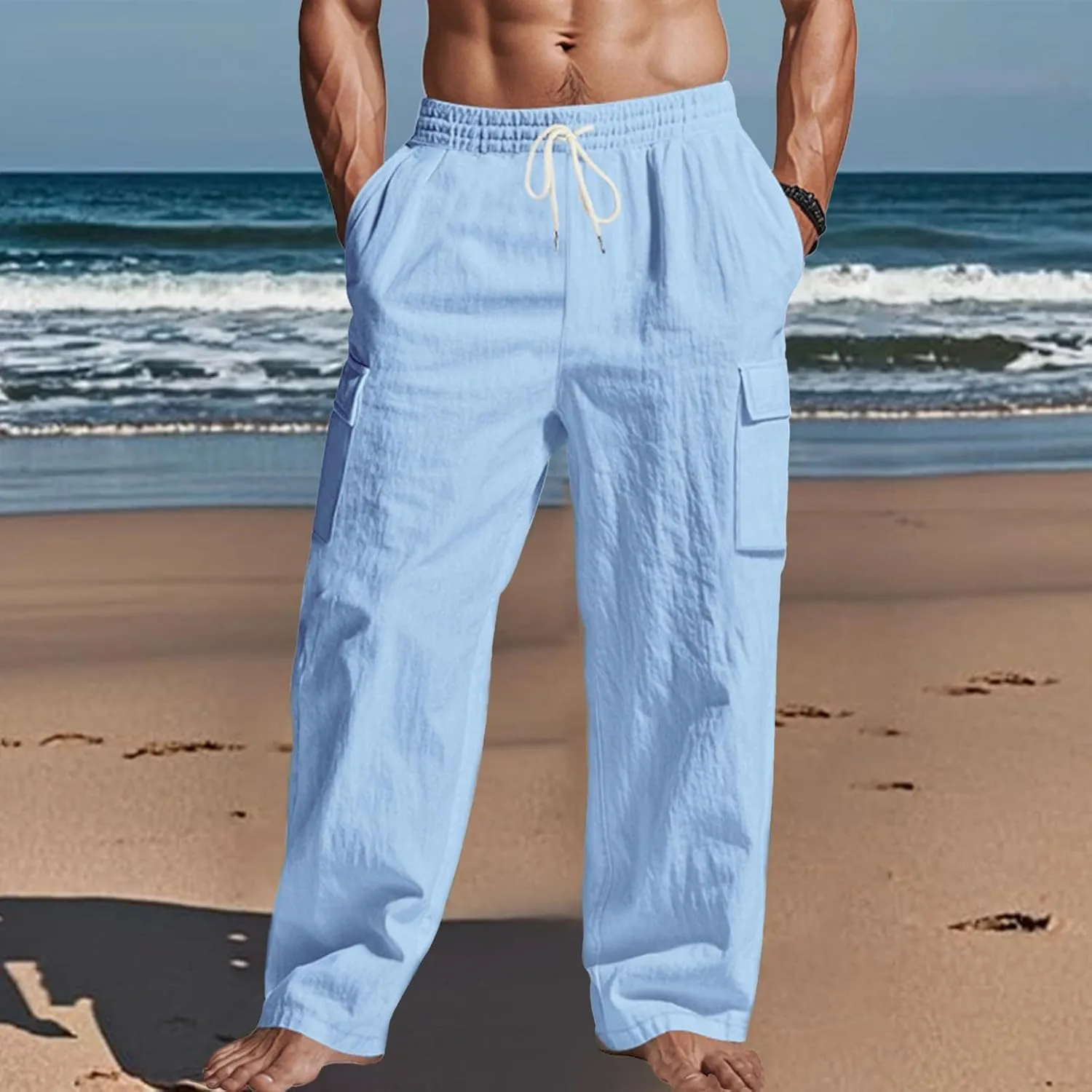 Cargo Linen Pants Men Drawstring Elastic Waist Baggy Summer Pants Lightweight Beach Yoga Lounge Pant with Pockets