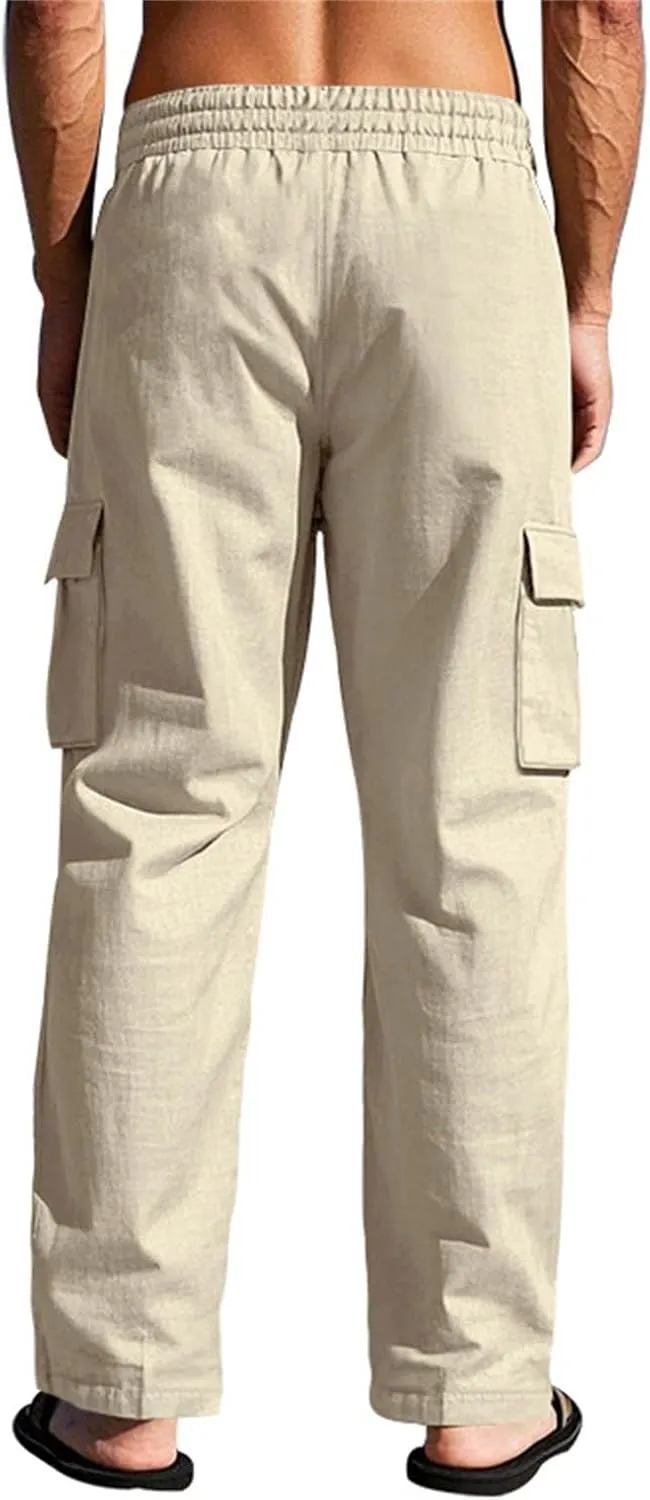 Cargo Linen Pants Men Drawstring Elastic Waist Baggy Summer Pants Lightweight Beach Yoga Lounge Pant with Pockets