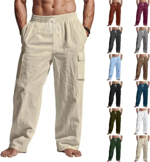 Cargo Linen Pants Men Drawstring Elastic Waist Baggy Summer Pants Lightweight Beach Yoga Lounge Pant with Pockets