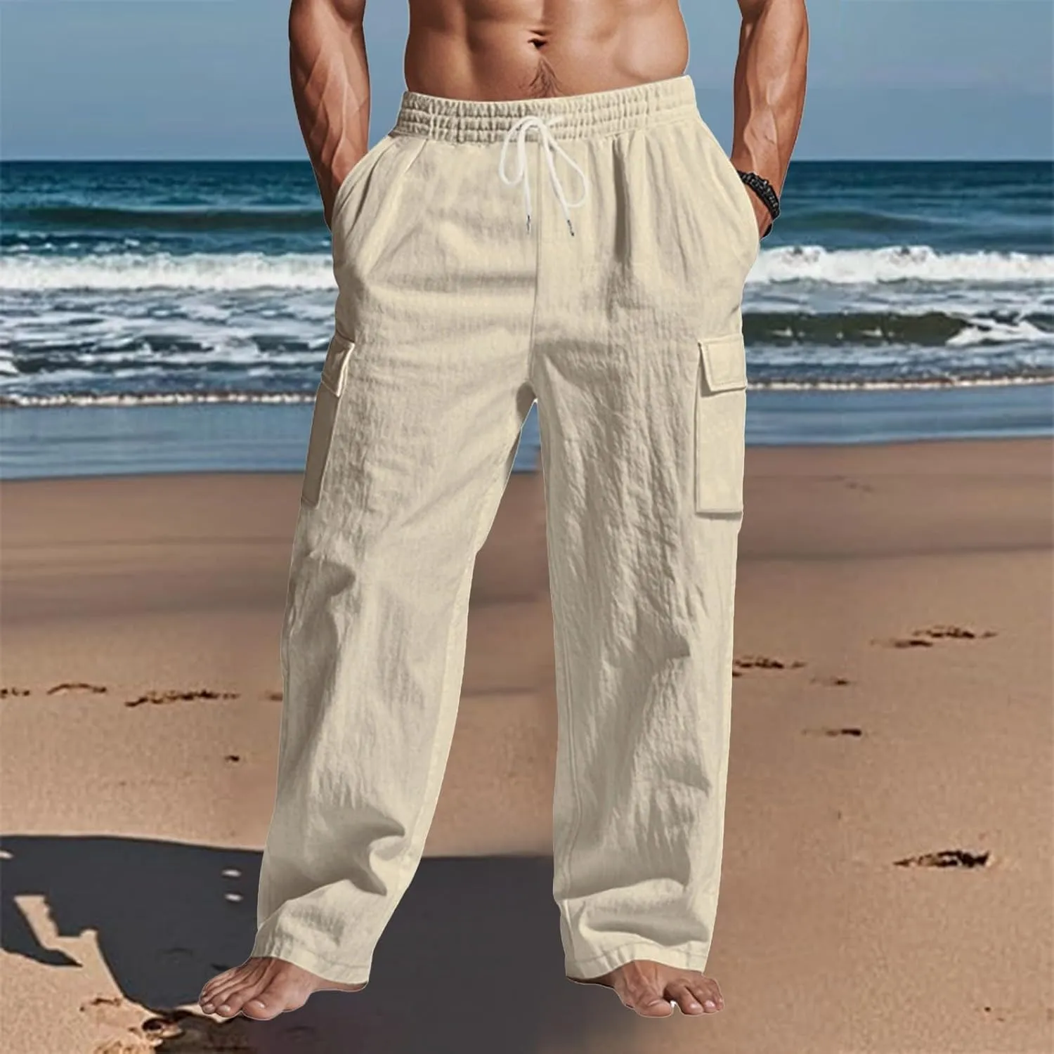 Cargo Linen Pants Men Drawstring Elastic Waist Baggy Summer Pants Lightweight Beach Yoga Lounge Pant with Pockets