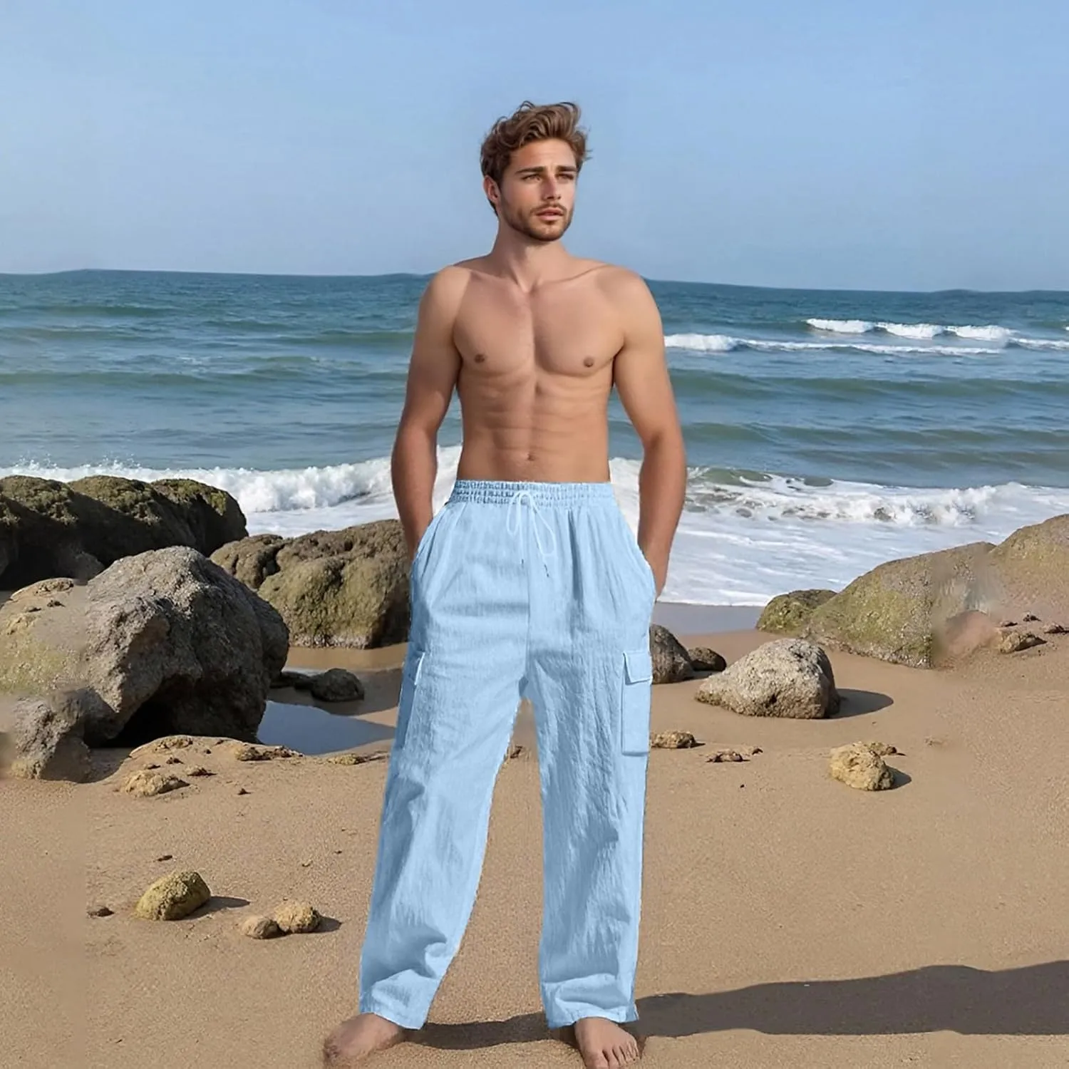 Cargo Linen Pants Men Drawstring Elastic Waist Baggy Summer Pants Lightweight Beach Yoga Lounge Pant with Pockets