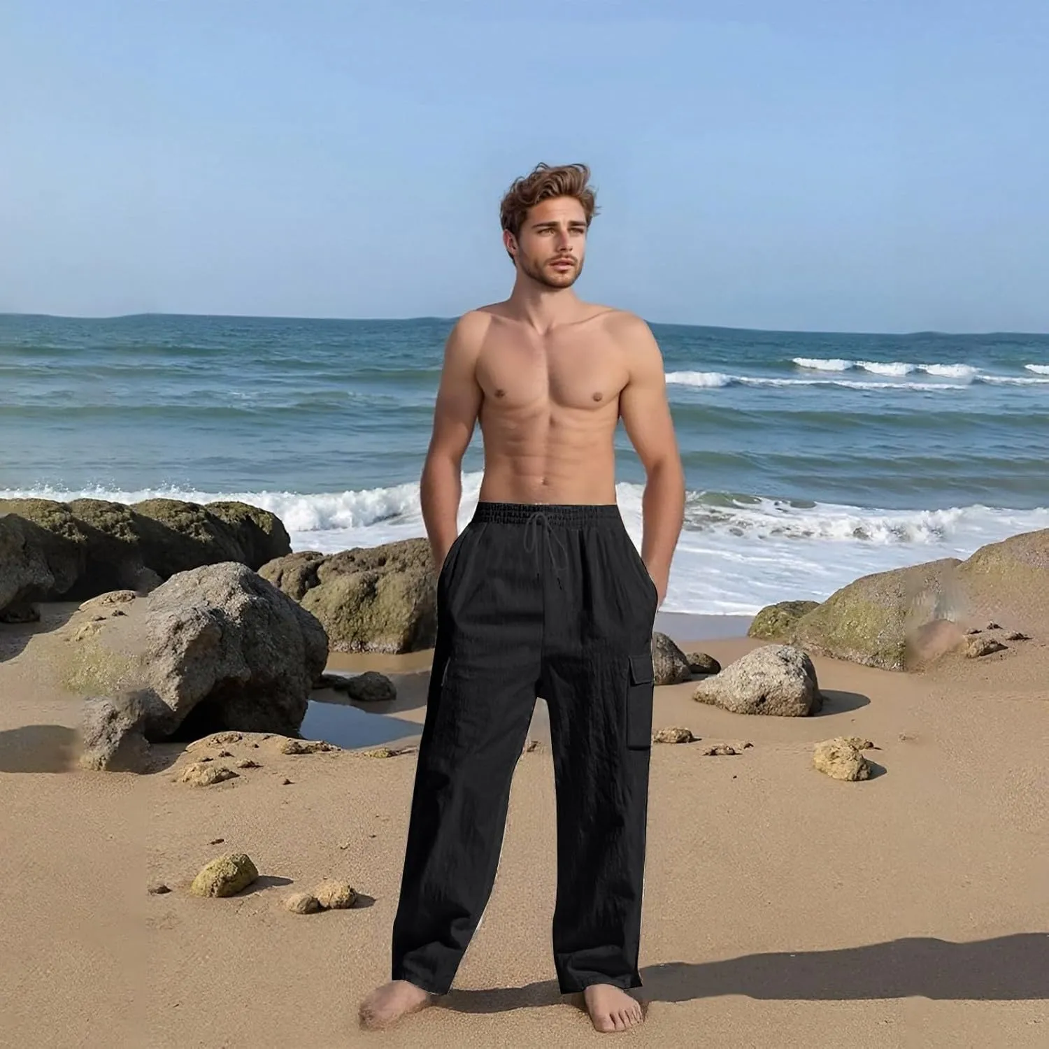 Cargo Linen Pants Men Drawstring Elastic Waist Baggy Summer Pants Lightweight Beach Yoga Lounge Pant with Pockets