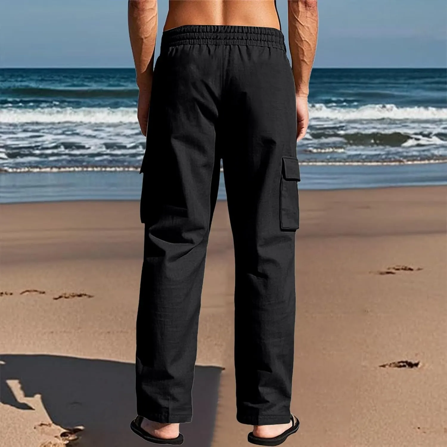 Cargo Linen Pants Men Drawstring Elastic Waist Baggy Summer Pants Lightweight Beach Yoga Lounge Pant with Pockets