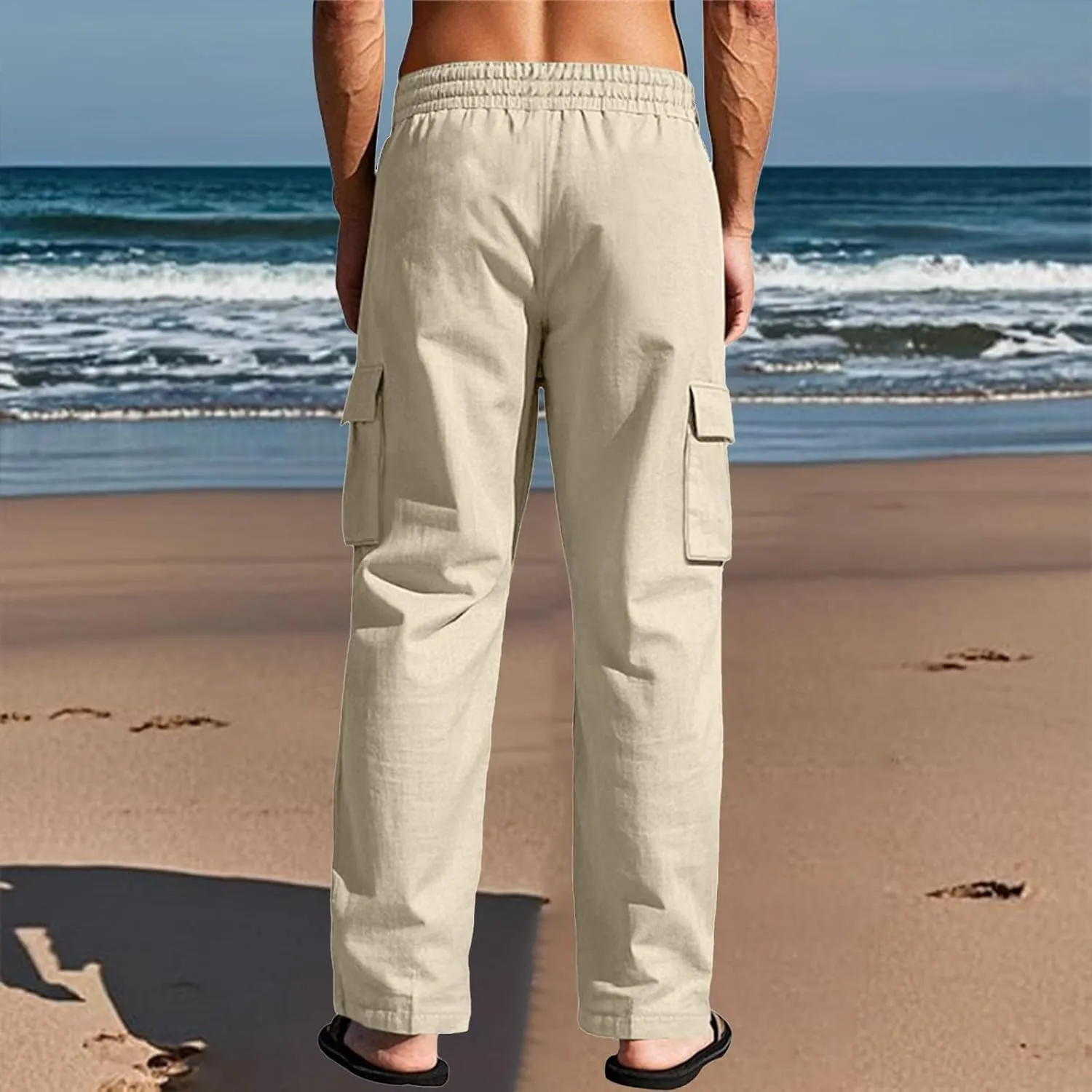Cargo Linen Pants Men Drawstring Elastic Waist Baggy Summer Pants Lightweight Beach Yoga Lounge Pant with Pockets