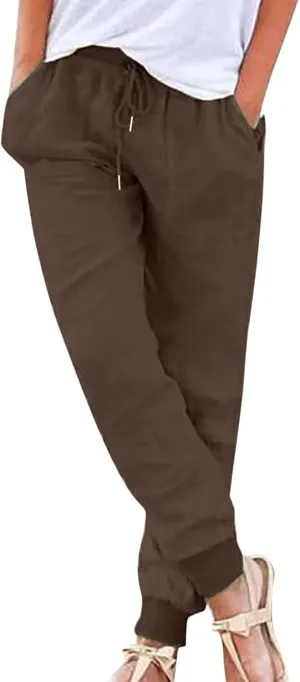 Ceboyel Women Summer Linen Pants Drawstring Beach Pants Lightweight High Waist Baggy Trouser Boho Ladies Clothes with Pockets