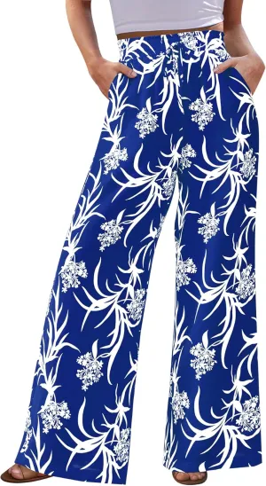 CFLONGE Wide Leg Pants for Women 2025 Casual High Waist Floral Palazzo Pant Flowy Trendy Beach Boho Trousers with Pockets