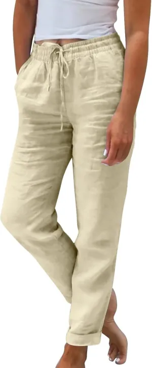 Cropped Linen Pants Women Plus Size Drawstring Elastic High Waisted Joggers Lightweight Summer Ankle Pants w/Pockets