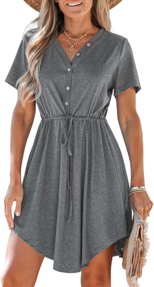 CUPSHE Women Summer Dresses Drawstring Button Front Short Sleeve V Neck Mini Dress Short Sleeve Sundress