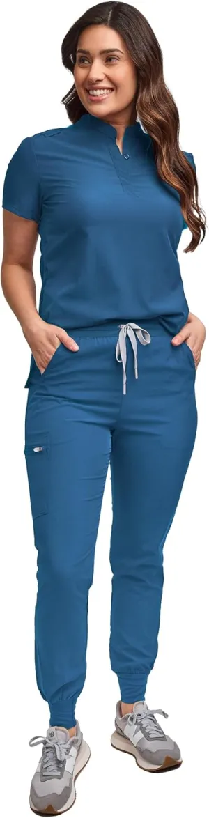 Green Town Scrubs for Women Scrub Set - Slim Fit Jogger Pant and Mandarin Collar Tuck-in Top, Easy Care Uniform
