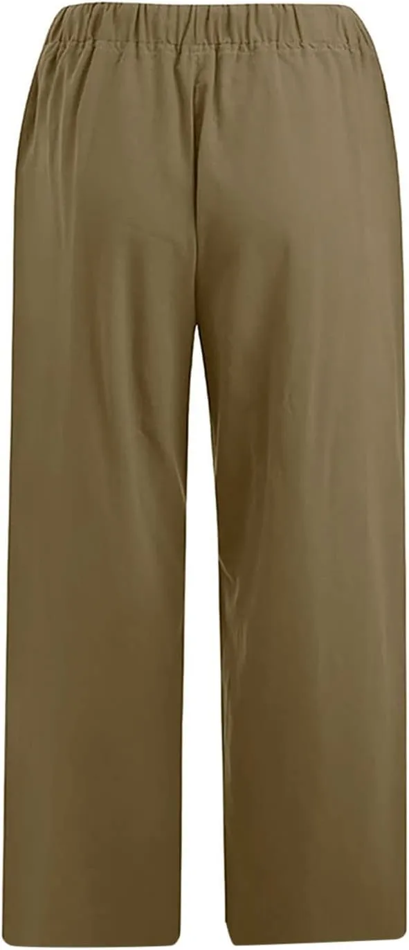 LRMQS Beach Pants Capri Length for Women 2024 Spring Summer Linen Capris Drawstring Elastic Waist Trendy Cropped Trousers