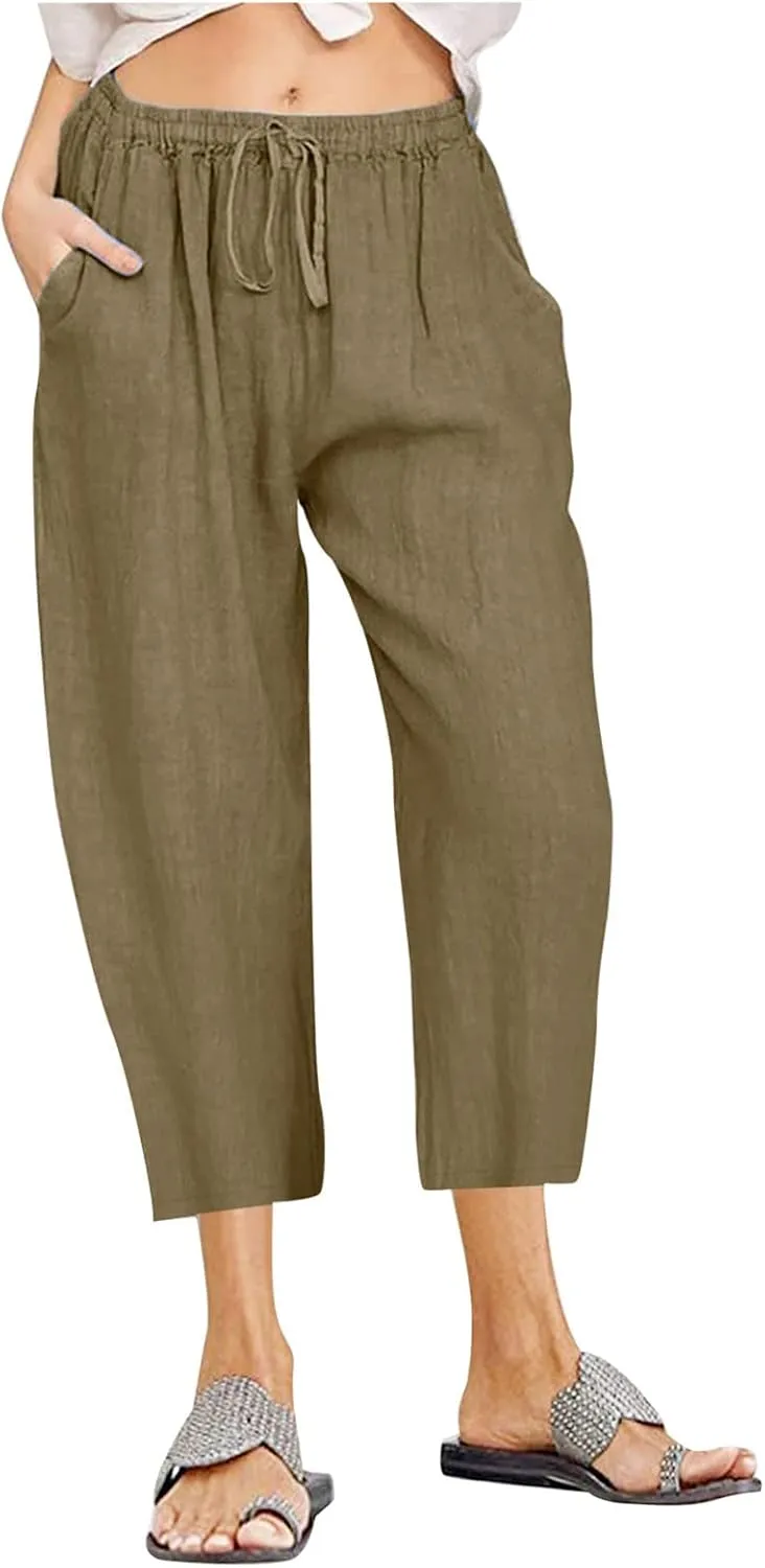 LRMQS Beach Pants Capri Length for Women 2024 Spring Summer Linen Capris Drawstring Elastic Waist Trendy Cropped Trousers