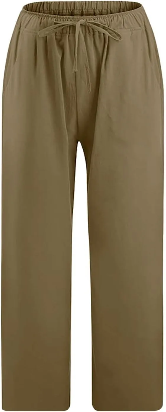 LRMQS Beach Pants Capri Length for Women 2024 Spring Summer Linen Capris Drawstring Elastic Waist Trendy Cropped Trousers