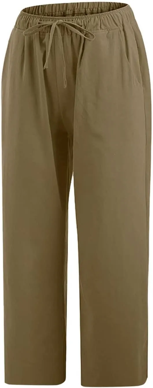 LRMQS Beach Pants Capri Length for Women 2024 Spring Summer Linen Capris Drawstring Elastic Waist Trendy Cropped Trousers
