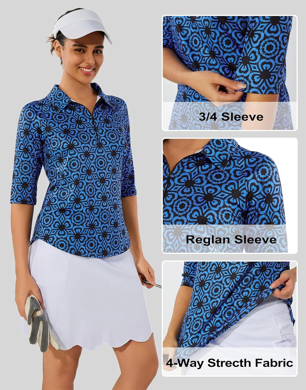 M MOTEEPI 3/4 Length Sleeve Womens Golf Polo Shirt Ladies Workout Tops Polo Shirts for Women Golf Pullover
