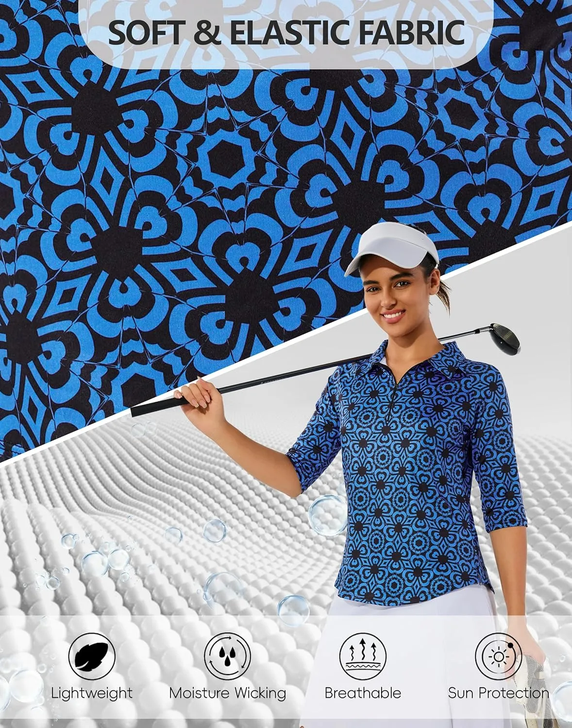 M MOTEEPI 3/4 Length Sleeve Womens Golf Polo Shirt Ladies Workout Tops Polo Shirts for Women Golf Pullover