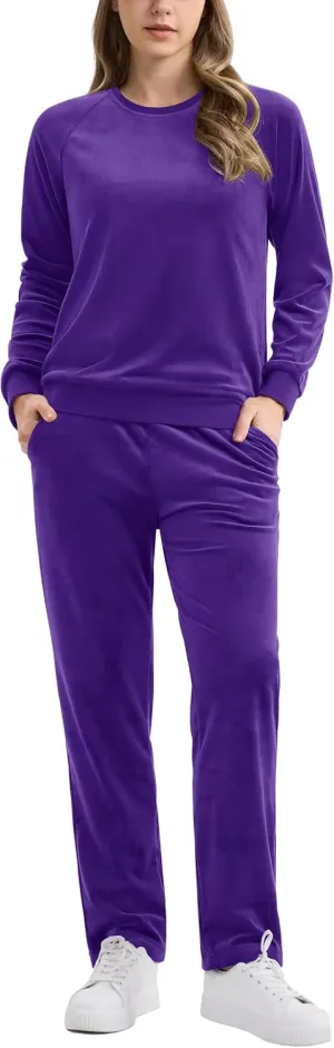 MAGCOMSEN Women's Velour Tracksuit 2 Piece Outfits Long Sleeve Sweatsuits Crewneck Pullover and Jogger Pants Lounge Sets