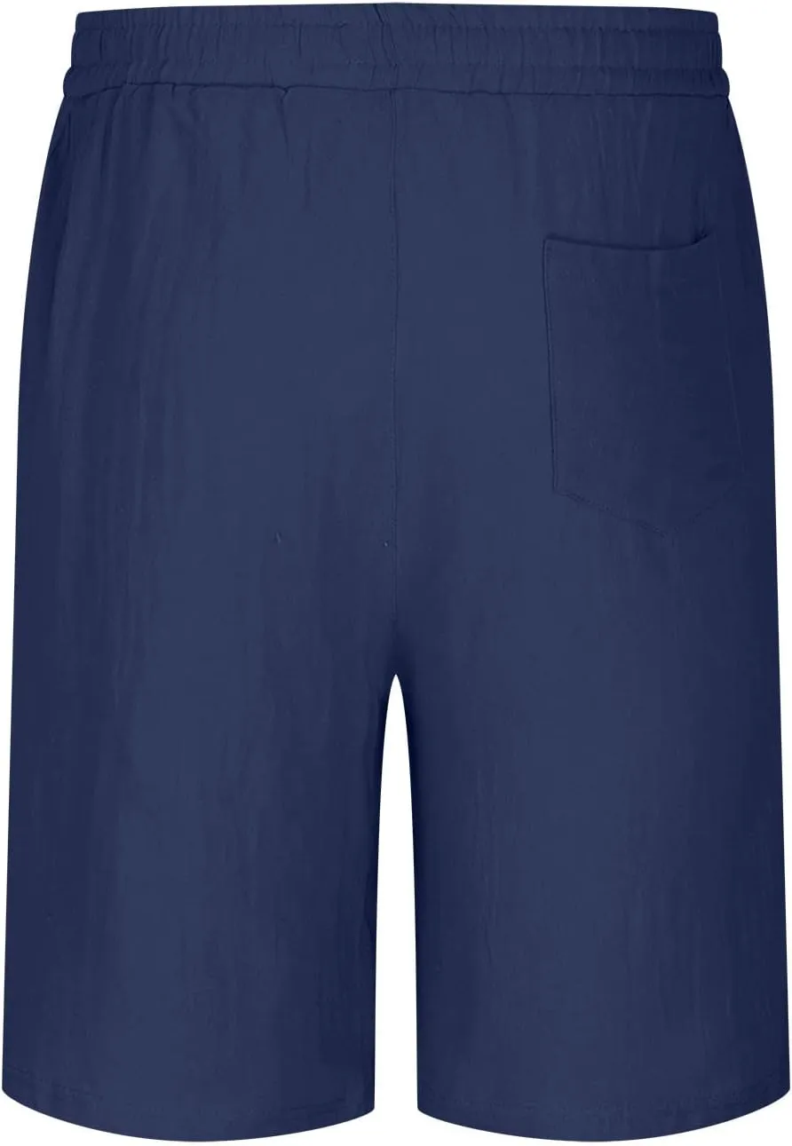 Mens Cotton Linen Shorts Elastic Waist Drawstring Casual Summer Classic Solid Beach Gym Yoga Sports Short Pants