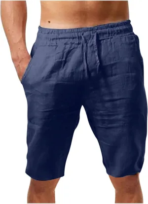 Mens Cotton Linen Shorts Elastic Waist Drawstring Casual Summer Classic Solid Beach Gym Yoga Sports Short Pants