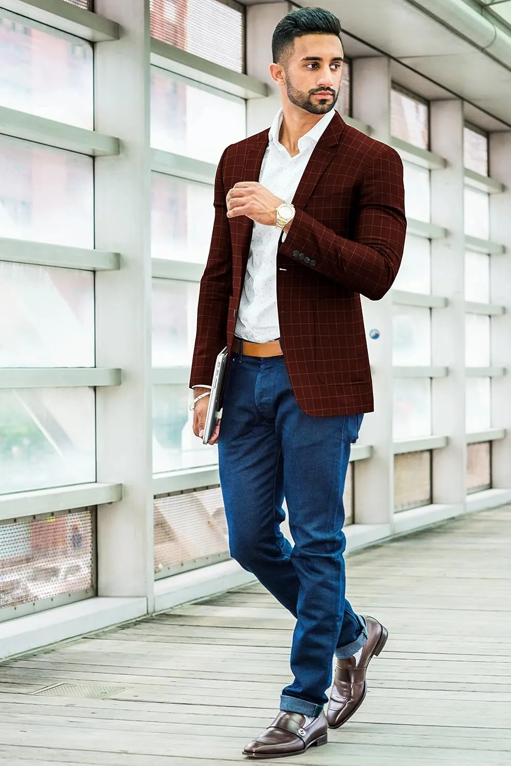 Men's Plaid Checked Blazer 2 Button Jacket Regular Long Sleeve Daily Fit Suit Business Lightweight Casual Sport Coat